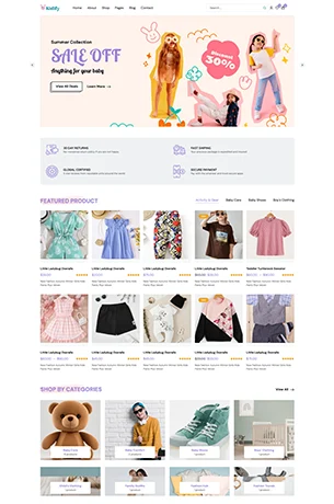 Clothing eCommerce store homepage featuring summer sale on trendy kids’ outfits and accessories with organized product categories and bright design.