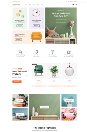 Home decor eCommerce store homepage with furniture and home accessories highlighted in an elegant design, featuring weekly highlights and curated product sections.